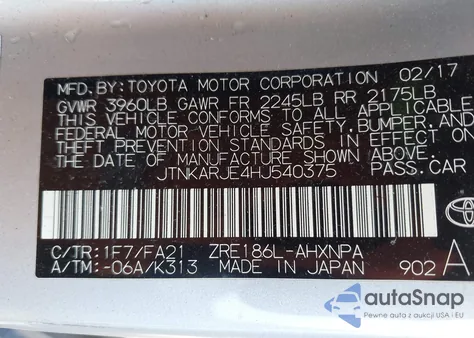 2017 Toyota Corolla Im из США, поврежденный, VIN JTNKARJE4HJ540375